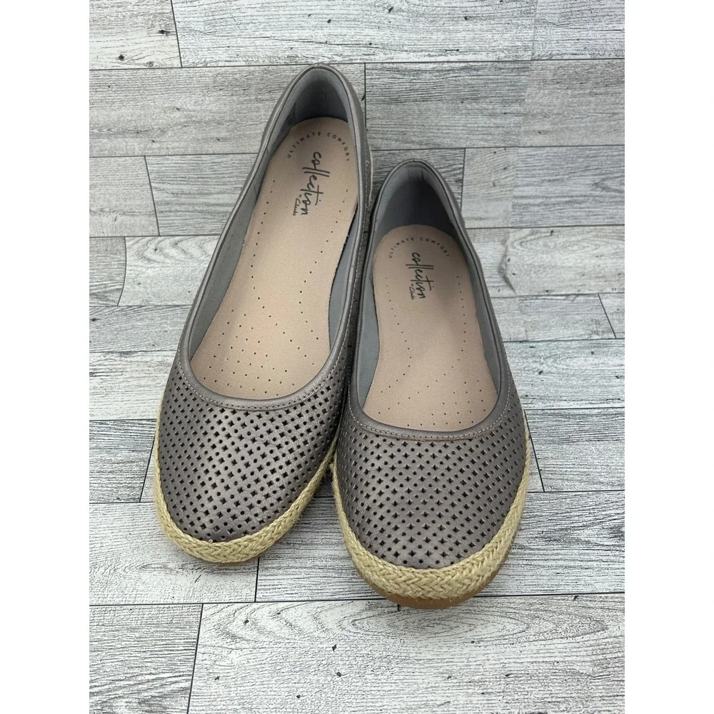 Clarks Collection Bronze Metallic Leather Perforated Espadrille Flats Women 9.5M